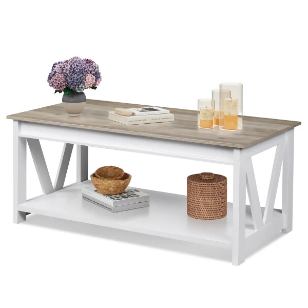 Farmhouse Coffee Table – Wooden Center Table with Sturdy V-Shaped Support