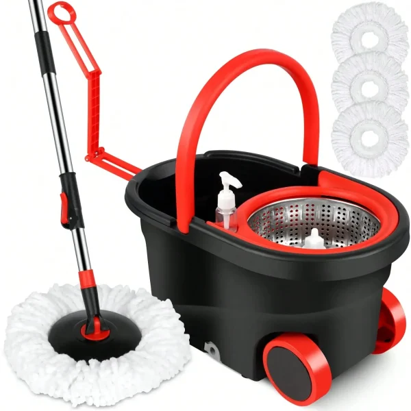 Heavy-Duty Rolling Spin Mop Bucket Set with Wringer – 3 Microfiber Mop Heads & Adjustable Handle