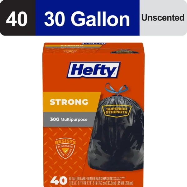 Heavy-Duty 30 Gallon Drawstring Trash Bags – Puncture Resistant Black Bags (40 Count)