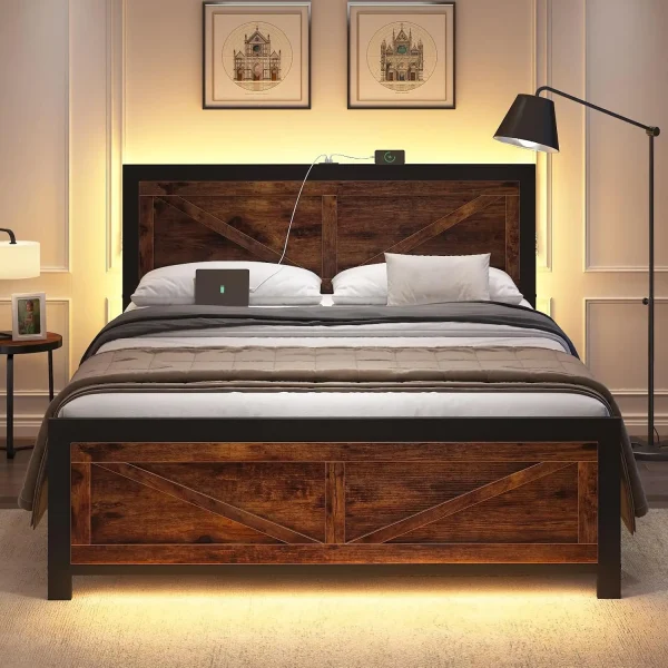 King Size Industrial Farmhouse Headboard with Noise-Free Metal Support – Brown