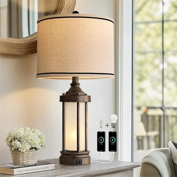Table Lamp for Living Room, Office, Bedroom with 2 USB Ports, Built-in Frosted Glass Night Light