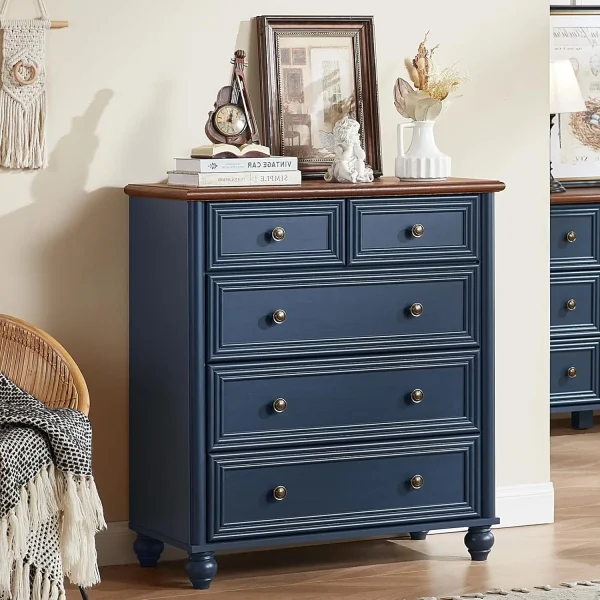 Farmhouse 5 Drawer Dresser, Blue Rustic Chest of Drawers, 35.5" Tall