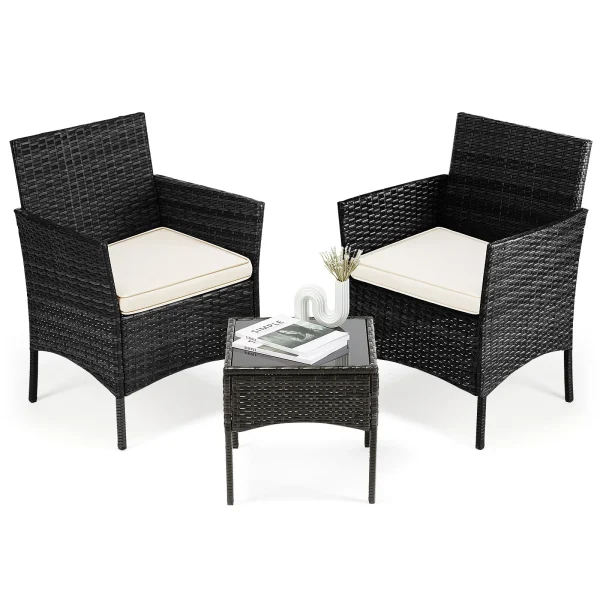 3-Piece Outdoor Patio Furniture Set with Cushioned Chairs & Glass Table